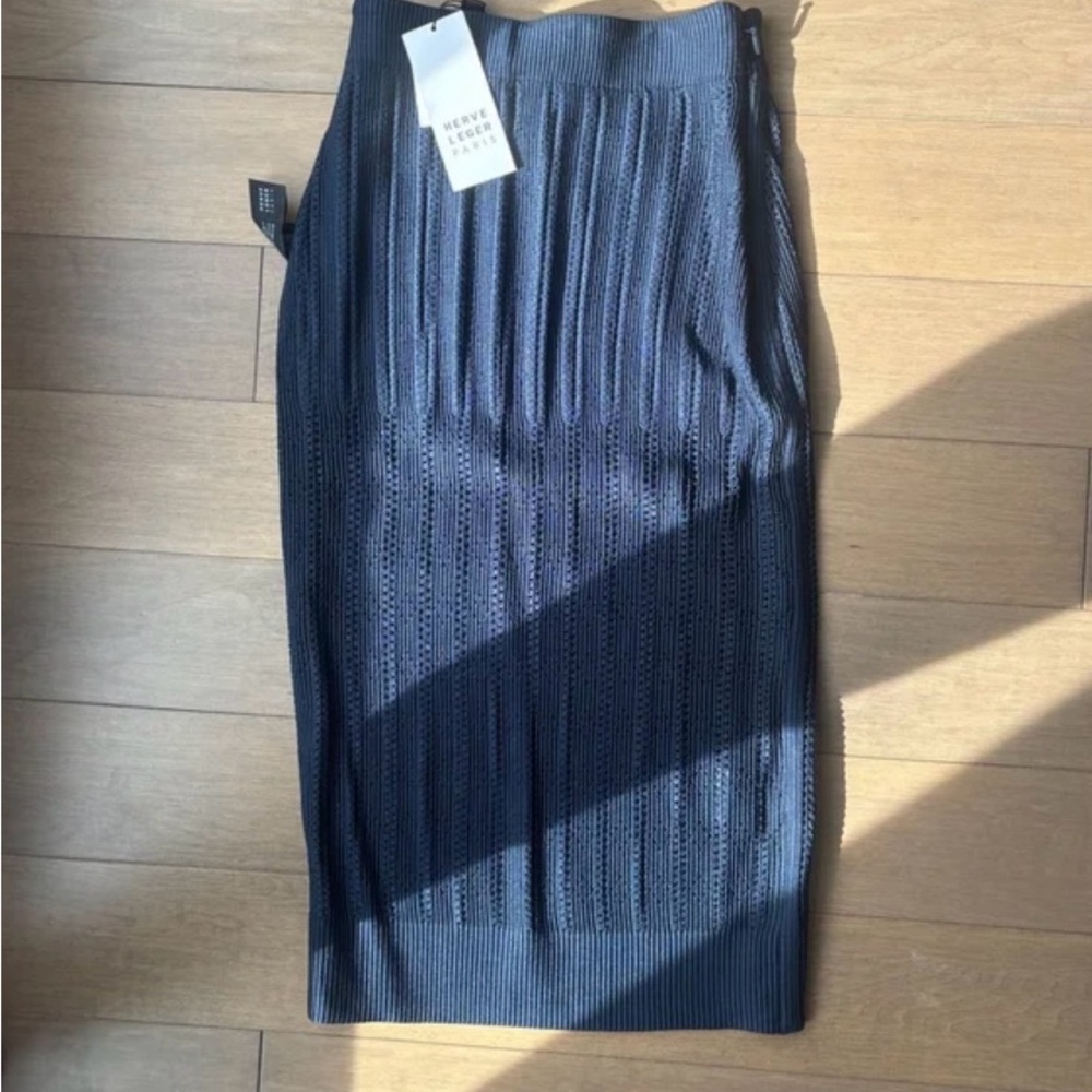 Herve Leger Navy Ribbed Midi Skirt